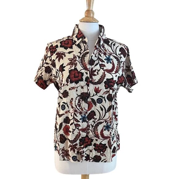 JOGAL Tops - Cotton Blend Floral Short Sleeve Button Down Shirt/Blouse Ivory, Red, Blue, M